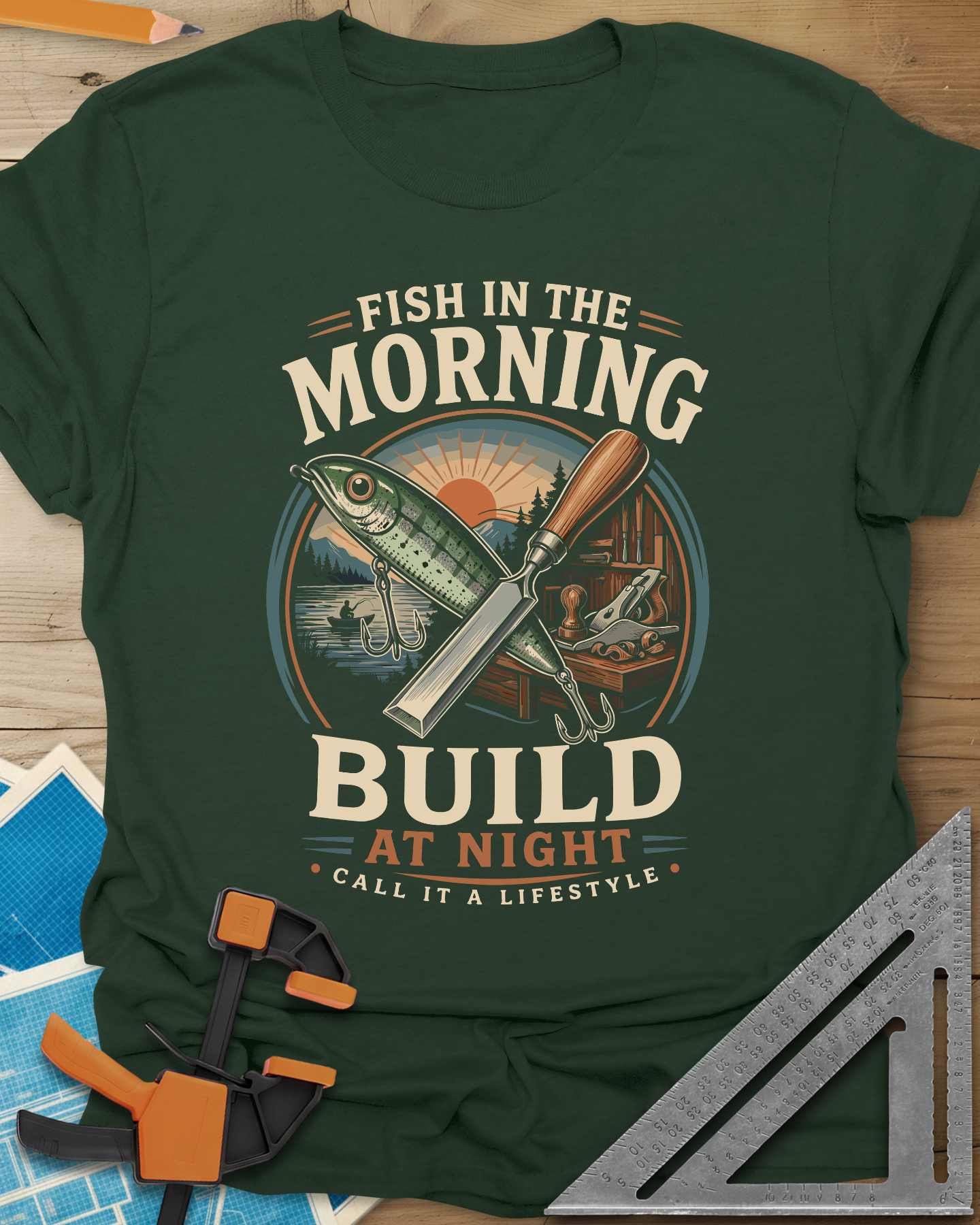 Fish In The Morning Build At Night Tee