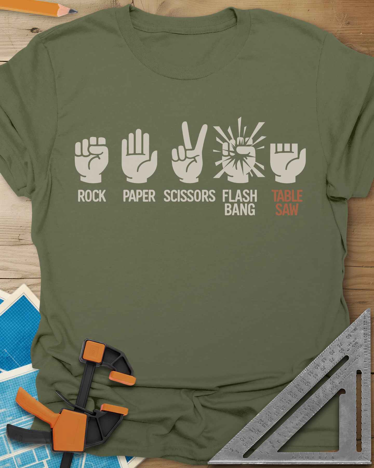 Rock, Paper, Scissors, Flashbang, Table Saw Tee