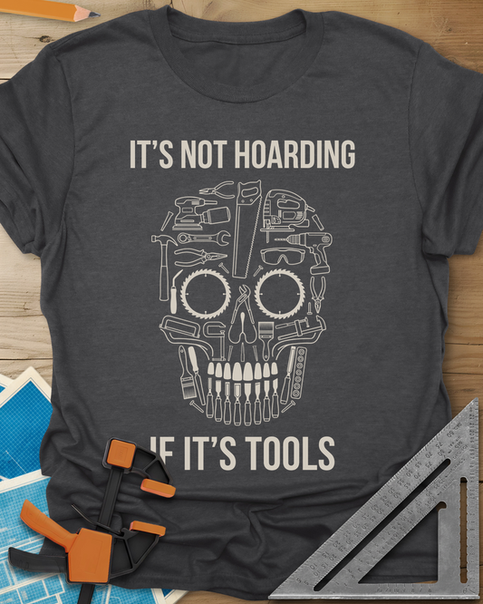Tools Skull t-shirt in Dark Heather Grey, a skull built from outlined tools, saw blades for eyes