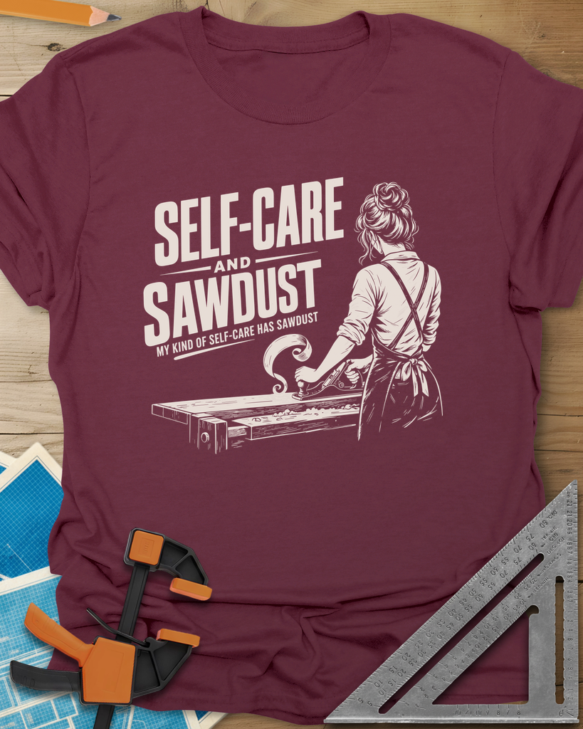 Self-Care & Sawdust Tee — maroon