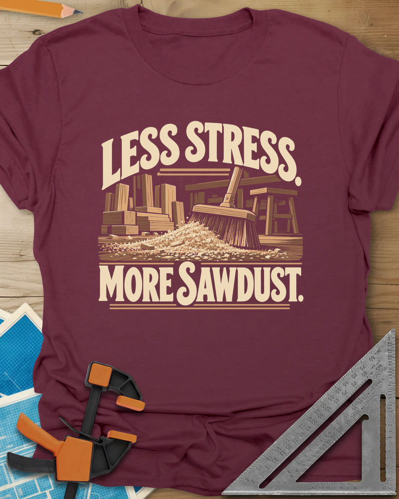 Less Stress t-shirt in Maroon, a push broom sweeping sawdust past stacked lumber