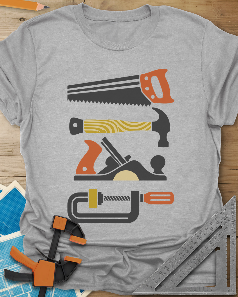 Tools Of The Trade t-shirt in Sport Grey, stacked retro flat-color saw, hammer, hand plane and C-clamp