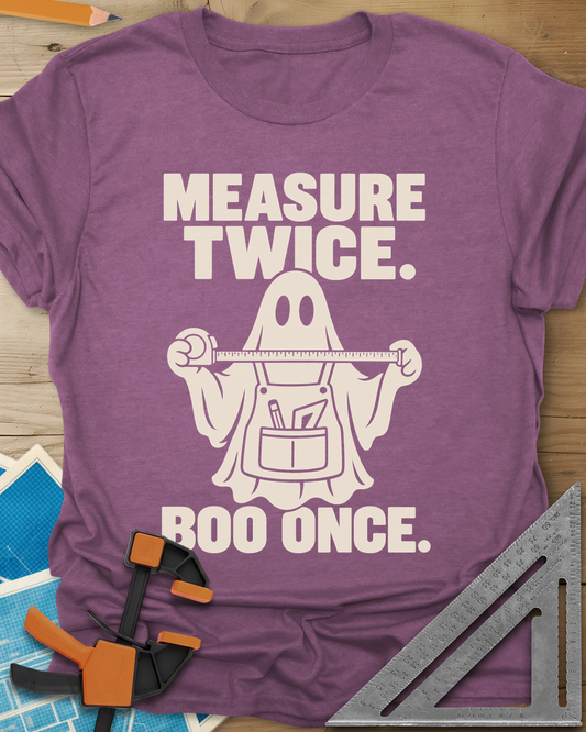 Measure Twice, Boo Once t-shirt in Heather Maroon, a ghost in a tool apron holding a stretched tape measure