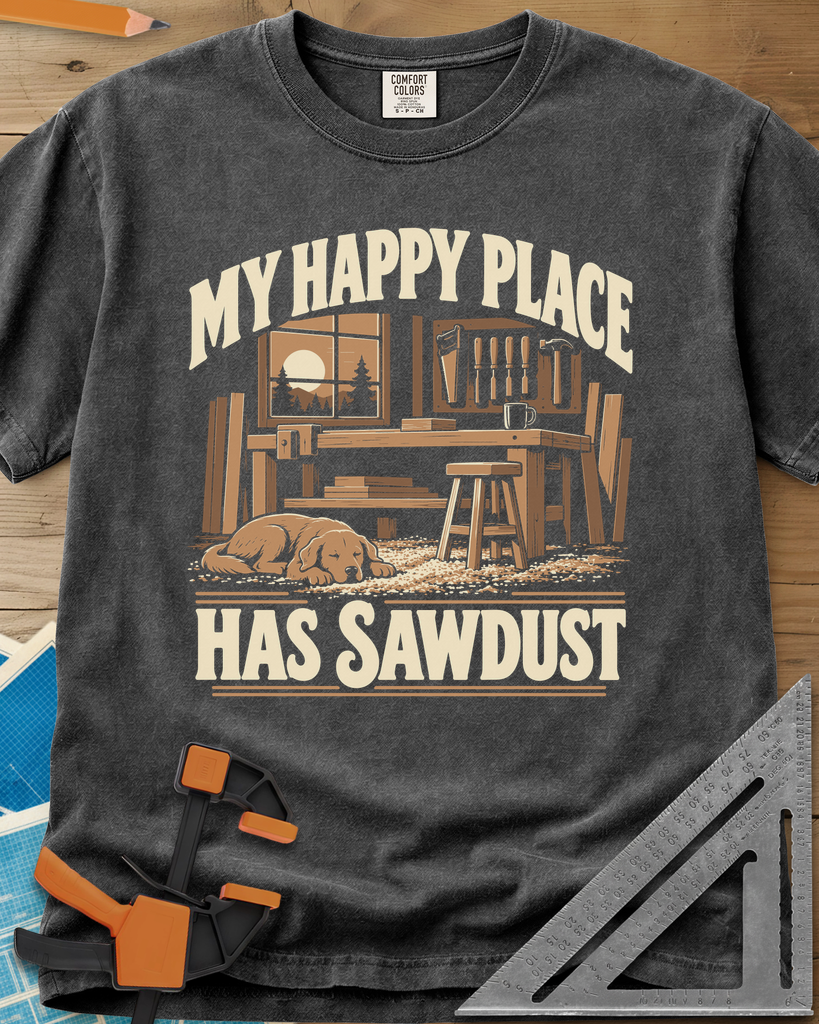 My Happy Place Has Sawdust - Premium Heavyweight Tee — pepper
