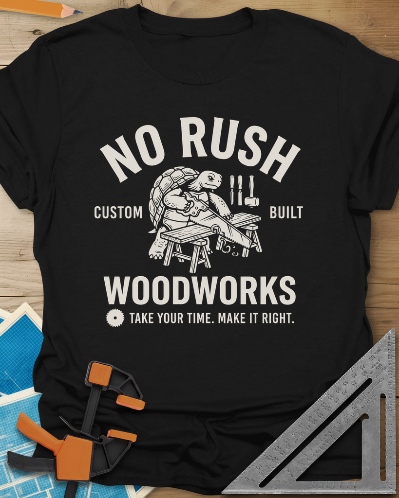 No Rush Woodworks Tee — black