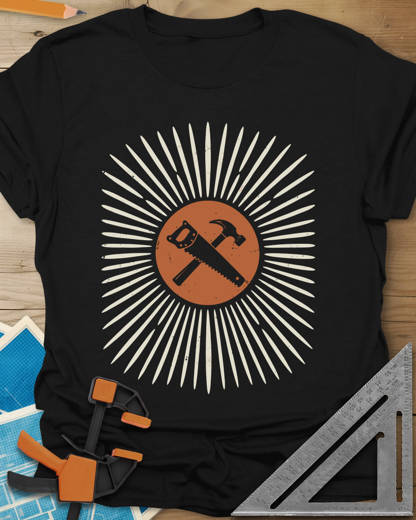 Saw & Hammer t-shirt in Black, crossed handsaw and hammer on a rust circle in a sunburst of rays