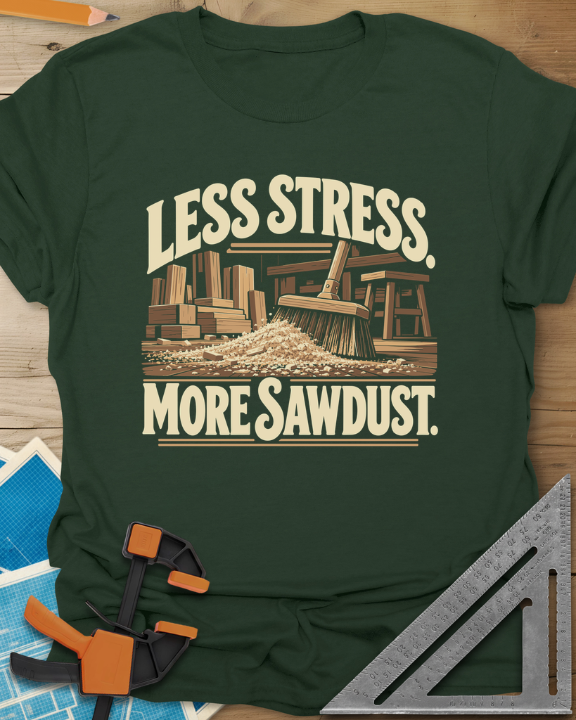 Less Stress t-shirt in Forest Green, a push broom sweeping sawdust past stacked lumber