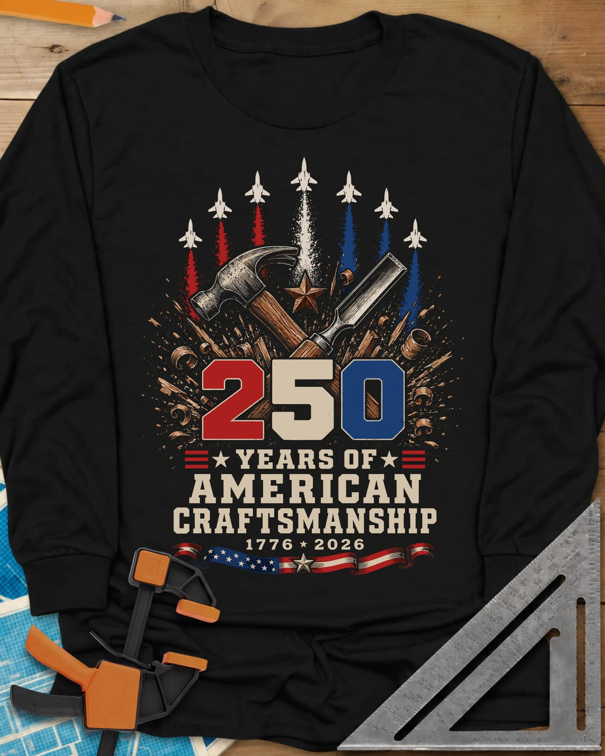 250 Years Of American Craftsmanship long sleeve shirt in Black, crossed hammer and chisel under jets trailing red, white and