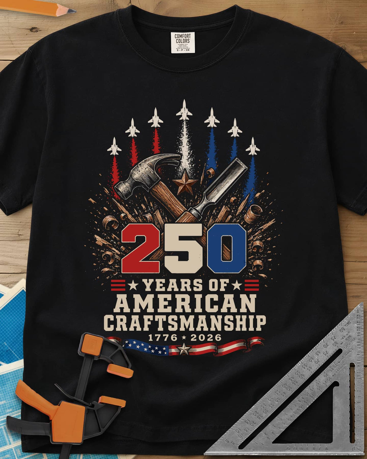 250 Years Of American Craftsmanship heavyweight tee in Black, crossed hammer and chisel under jets trailing red, white and