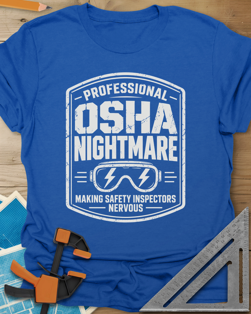 OSHA Nightmare t-shirt in Royal, a rugged badge with safety goggles and lightning bolts