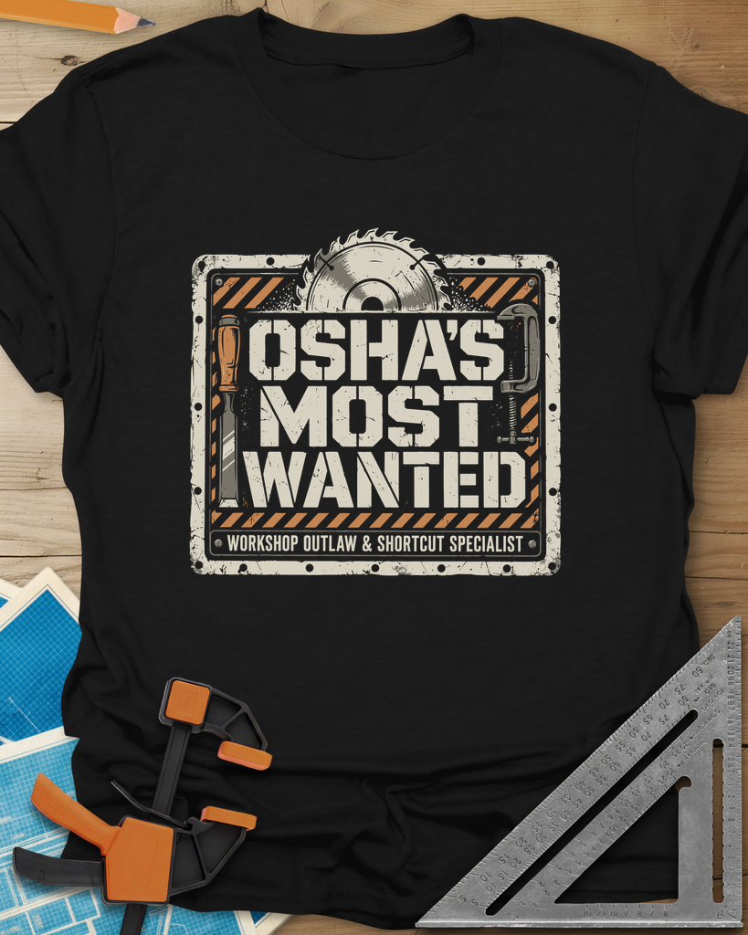 OSHA'S Most Wanted t-shirt in Black, a saw blade, chisel and C-clamp around a hazard-striped plate