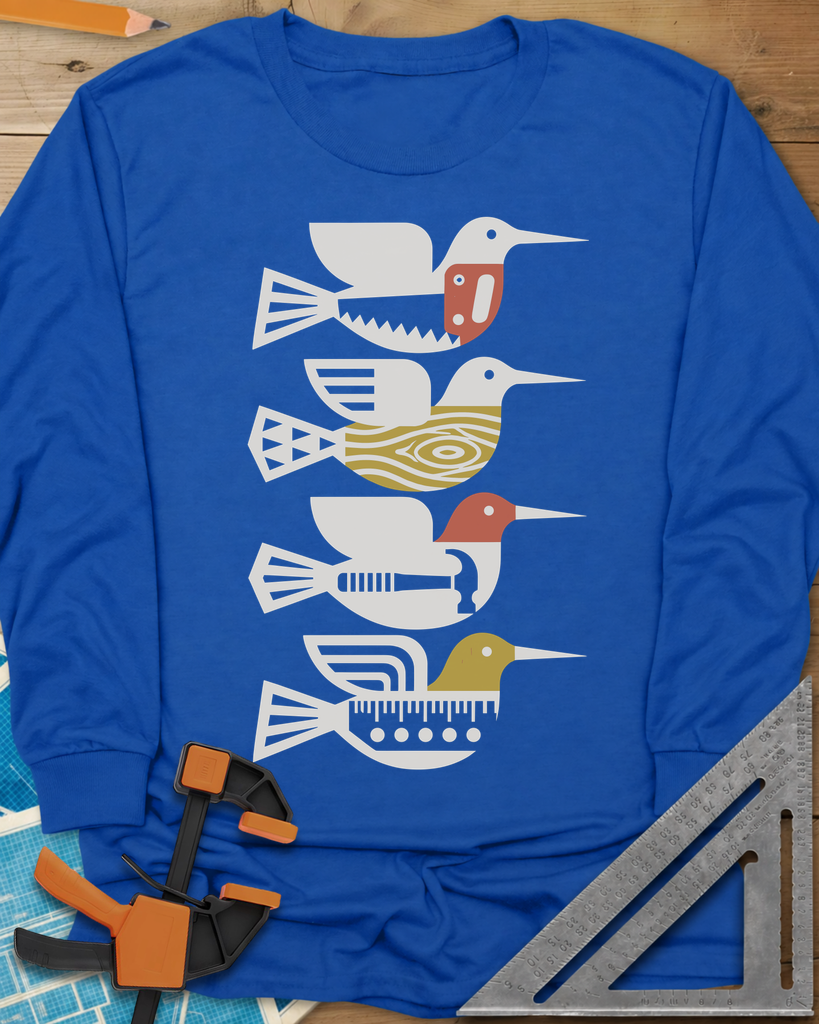 Woodworking Birds Long Sleeve Tee — royal