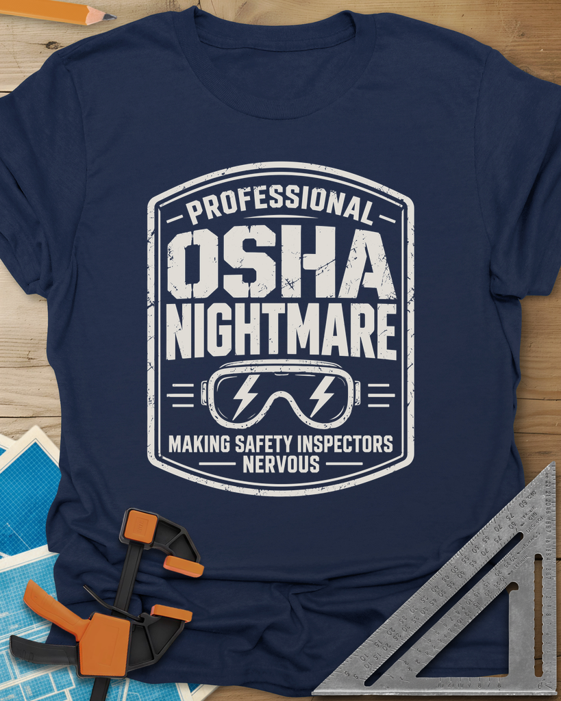 OSHA Nightmare t-shirt in Navy, a rugged badge with safety goggles and lightning bolts