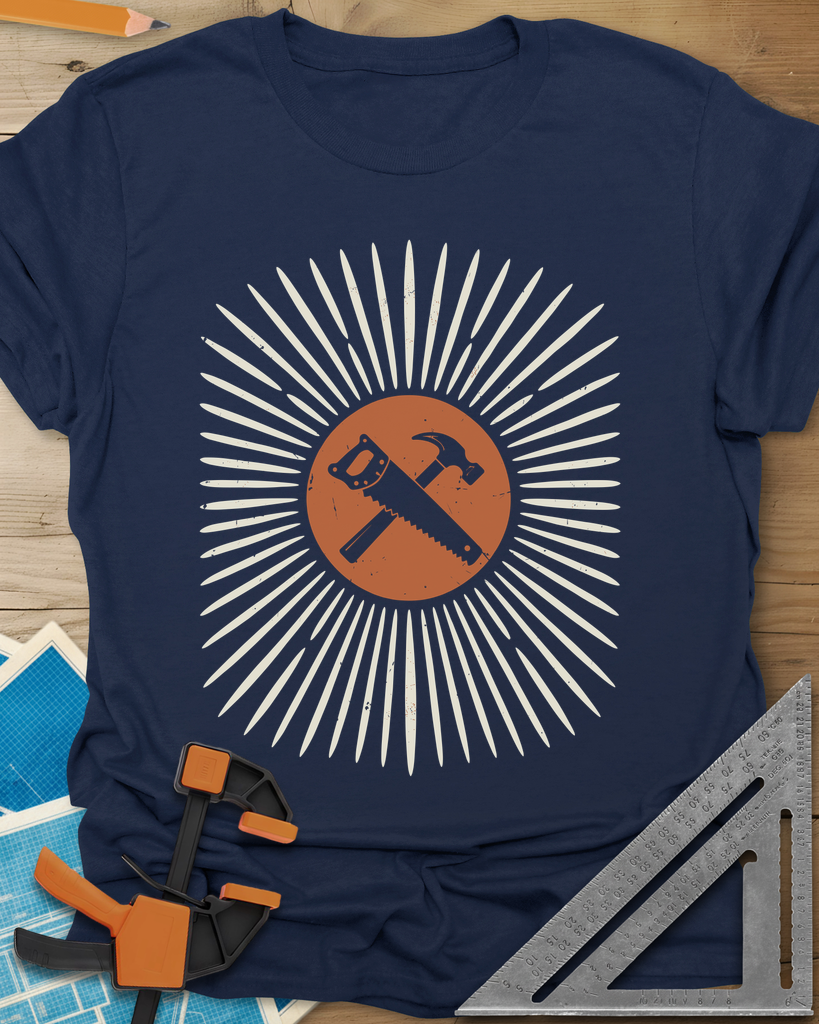 Saw & Hammer t-shirt in Navy, crossed handsaw and hammer on a rust circle in a sunburst of rays