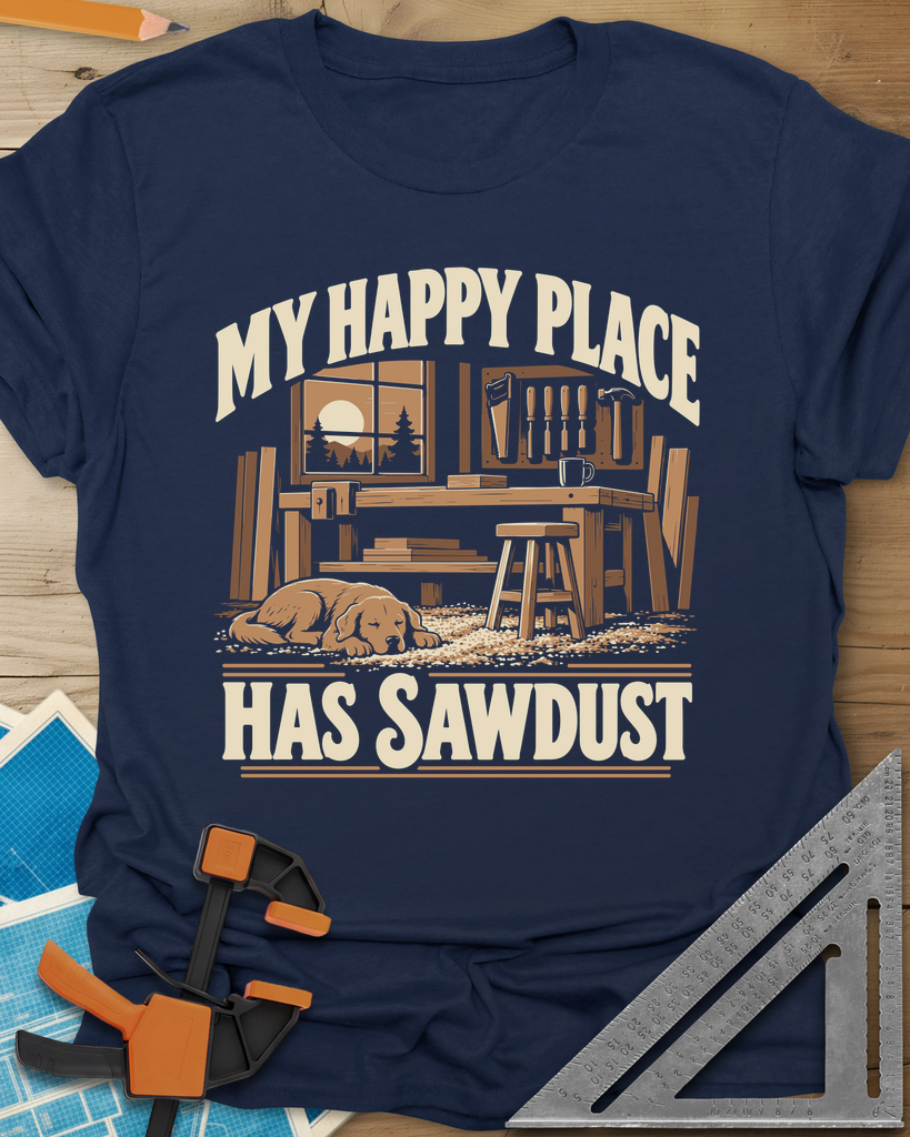 My Happy Place Has Sawdust t-shirt in Navy, a shop with a workbench, tool wall and a dog asleep on the sawdust