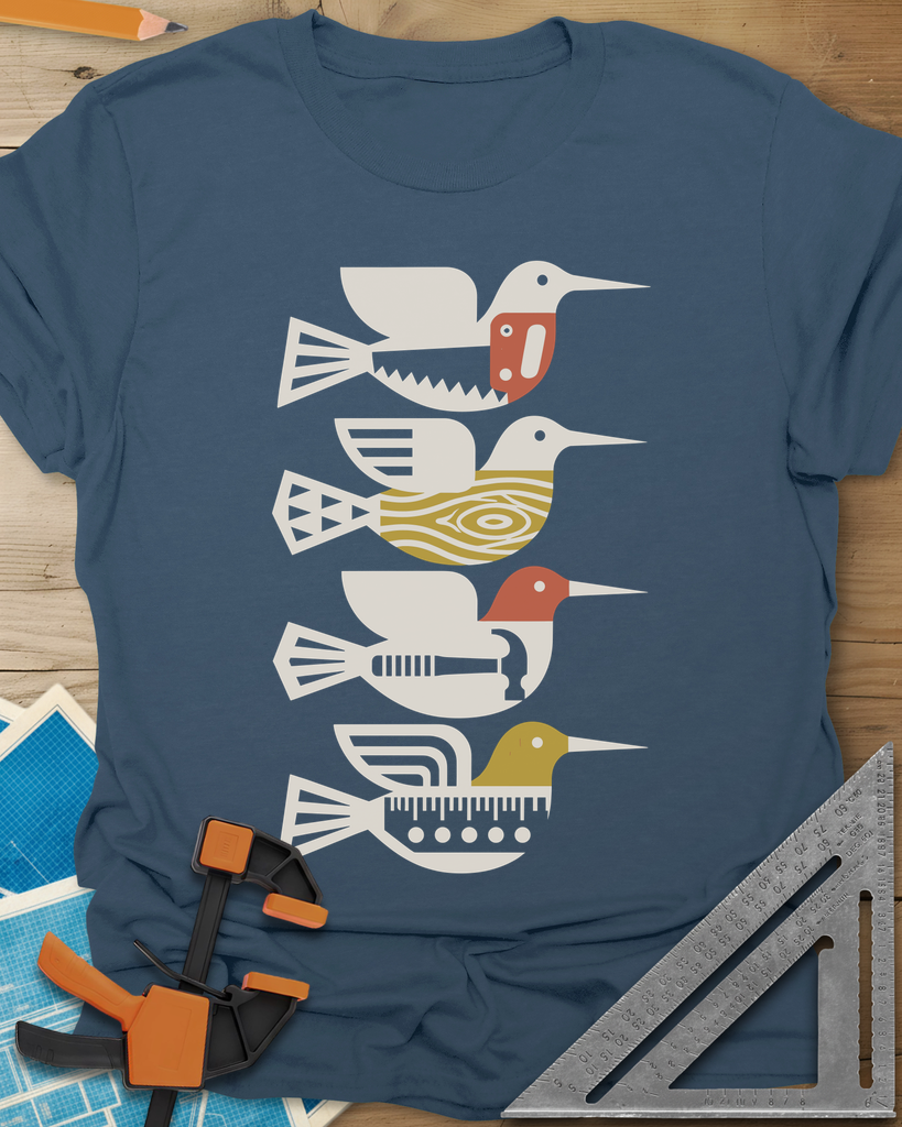 Woodworking Birds t-shirt in Indigo Blue, four stacked birds built from a saw, wood grain, hammer and ruler