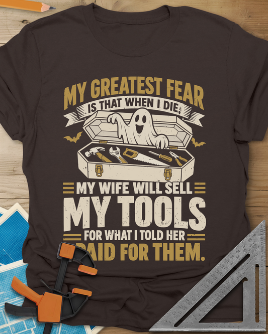 Greatest Fear t-shirt in Dark Chocolate, a smiling ghost rising from an open coffin-style toolbox