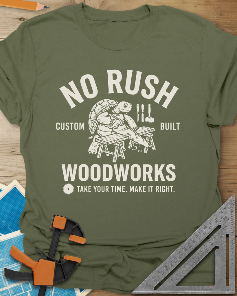 No Rush Woodworks Tee — military_green