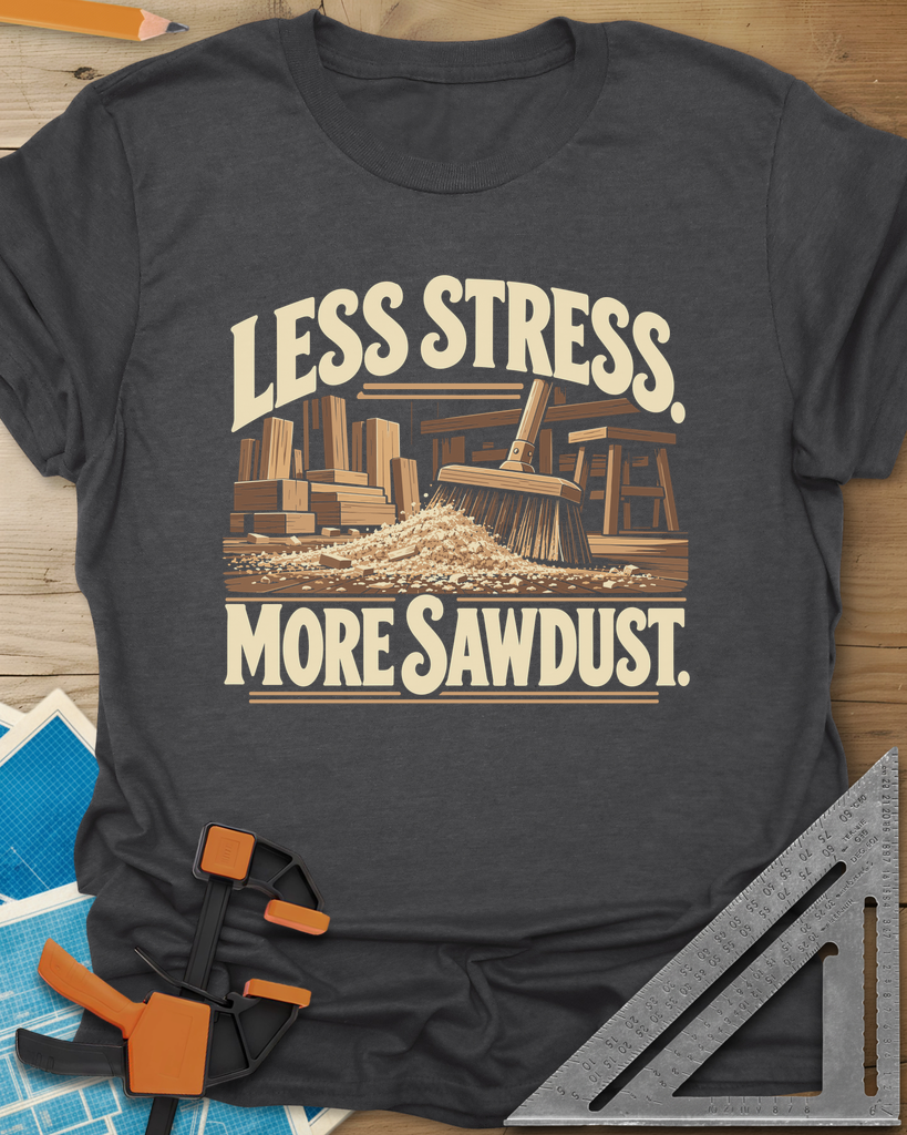 Less Stress t-shirt in Dark Heather Grey, a push broom sweeping sawdust past stacked lumber