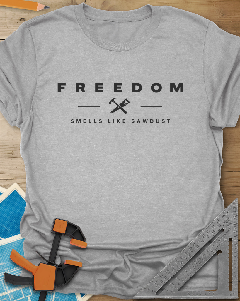 Sawdust Freedom t-shirt in Sport Grey, crossed hammer and saw icon between two lines, wide-spaced lettering
