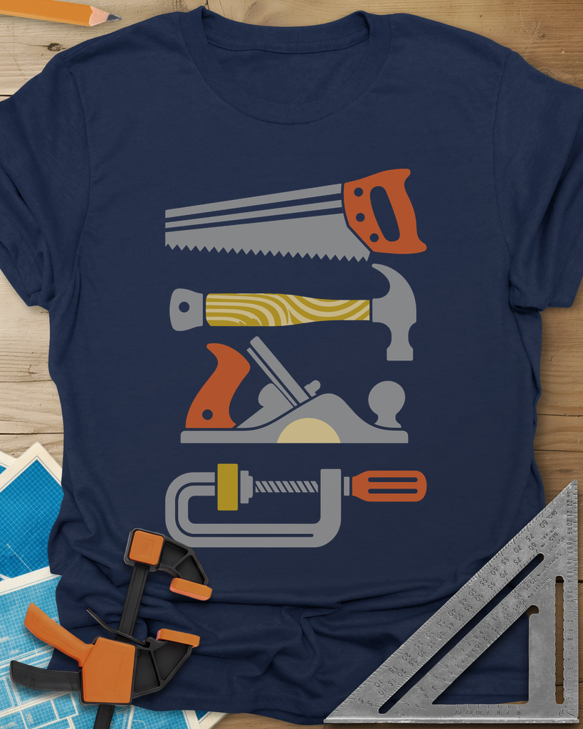 Tools Of The Trade t-shirt in Navy, stacked retro flat-color saw, hammer, hand plane and C-clamp
