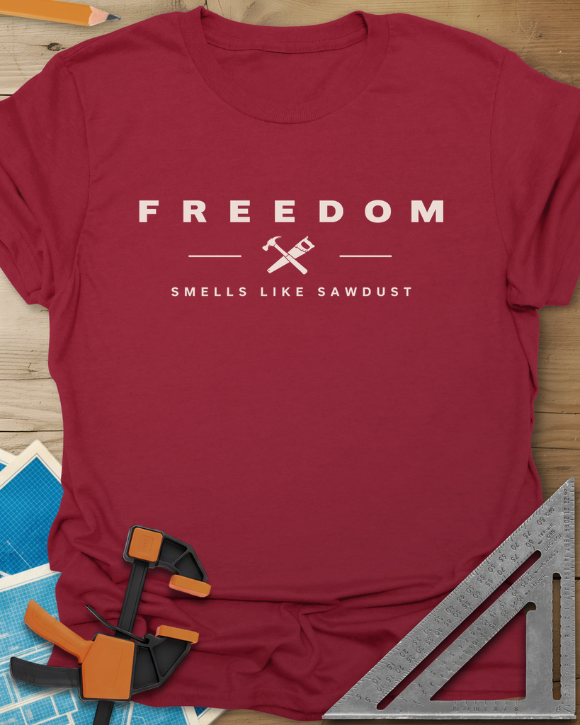 Sawdust Freedom t-shirt in Cardinal Red, crossed hammer and saw icon between two lines, wide-spaced lettering