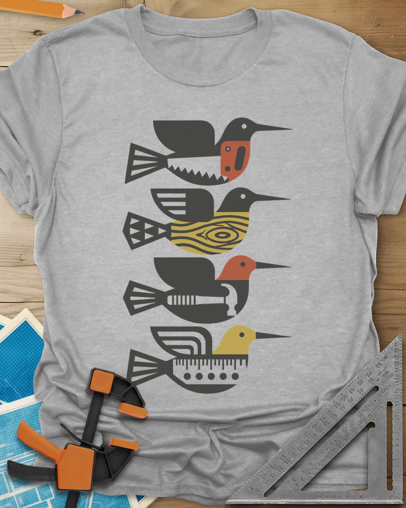 Woodworking Birds t-shirt in Sport Grey, four stacked birds built from a saw, wood grain, hammer and ruler