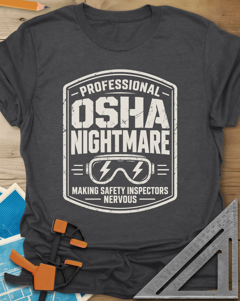 OSHA Nightmare t-shirt in Dark Heather Grey, a rugged badge with safety goggles and lightning bolts