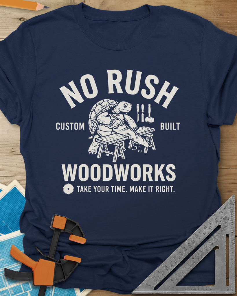 No Rush Woodworks Tee — navy
