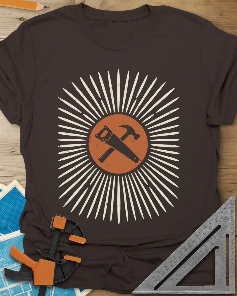 Saw & Hammer t-shirt in Dark Chocolate, crossed handsaw and hammer on a rust circle in a sunburst of rays