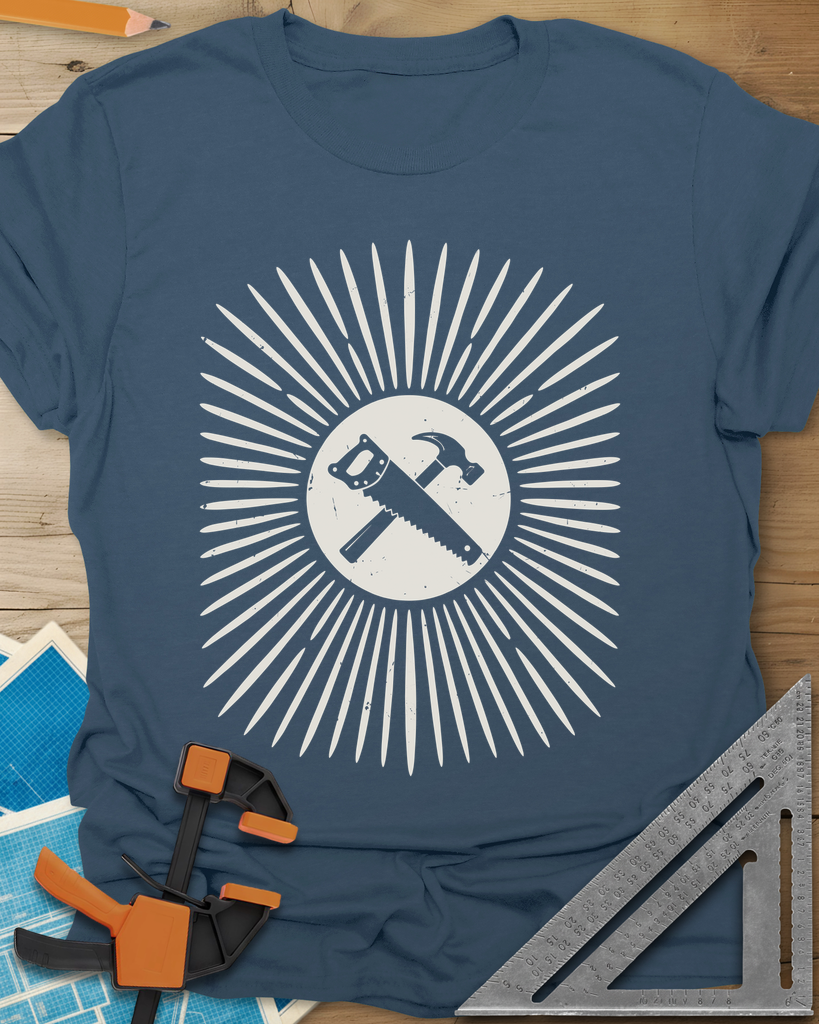 Saw & Hammer t-shirt in Indigo Blue, crossed handsaw and hammer on a rust circle in a sunburst of rays