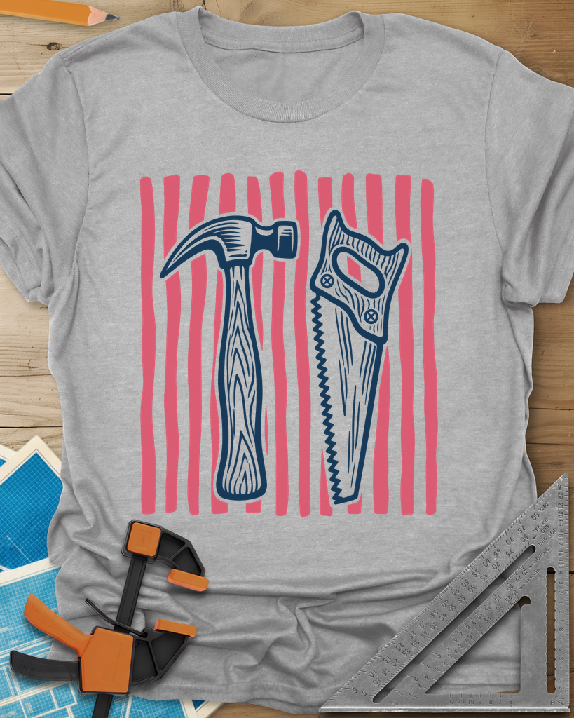 Hammer & Saw t-shirt in Sport Grey, a claw hammer and a handsaw over hand-drawn coral stripes