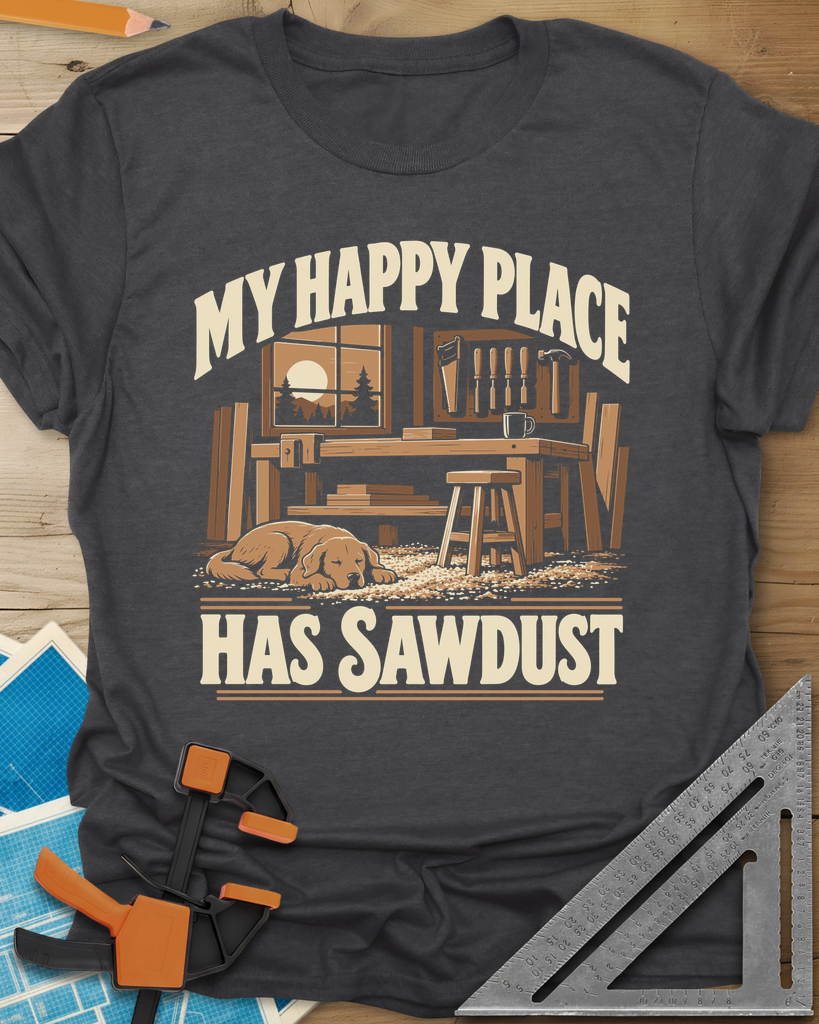 My Happy Place Has Sawdust t-shirt in Dark Heather Grey, a shop with a workbench, tool wall and a dog asleep on the sawdust