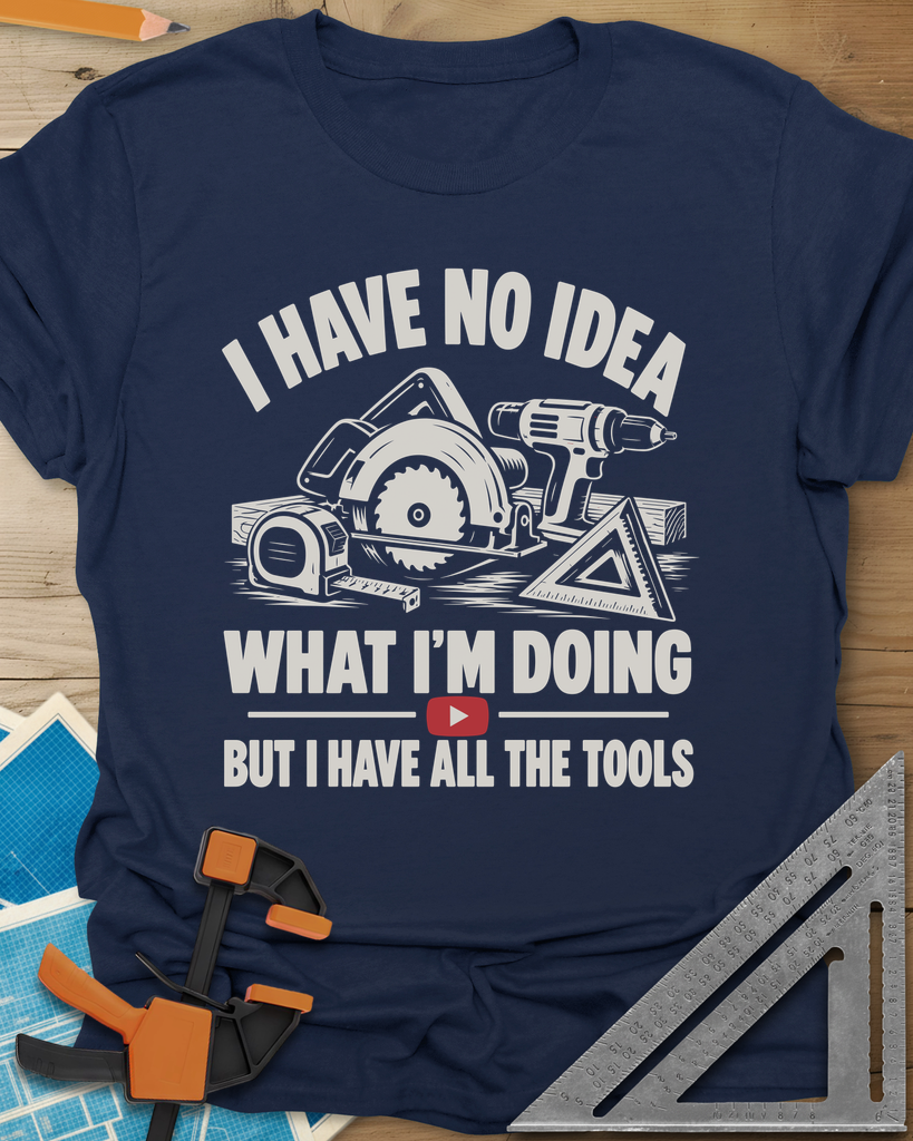 All The Tools t-shirt in Navy, circular saw, drill, tape measure and square above a play button