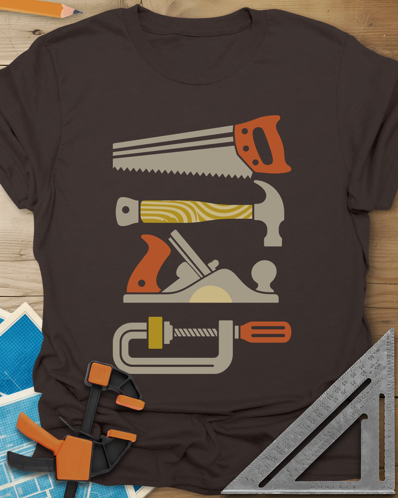 Tools Of The Trade t-shirt in Dark Chocolate, stacked retro flat-color saw, hammer, hand plane and C-clamp
