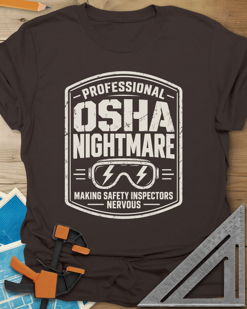 OSHA Nightmare t-shirt in Dark Chocolate, a rugged badge with safety goggles and lightning bolts