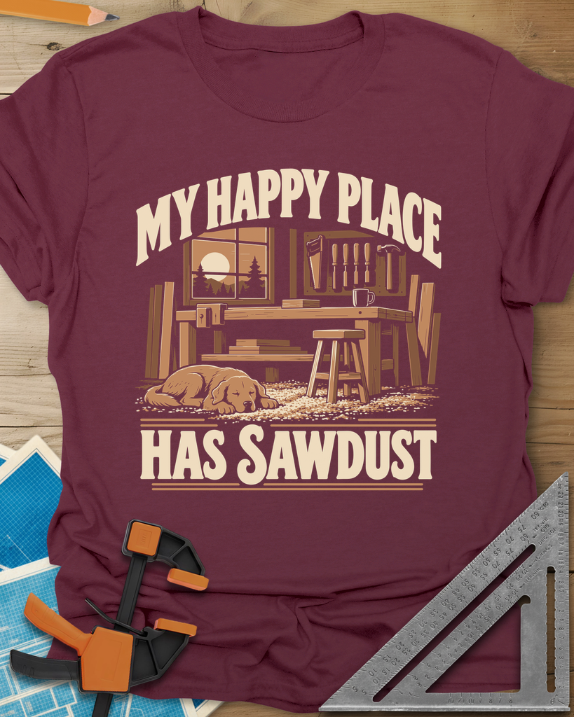 My Happy Place Has Sawdust t-shirt in Maroon, a shop with a workbench, tool wall and a dog asleep on the sawdust