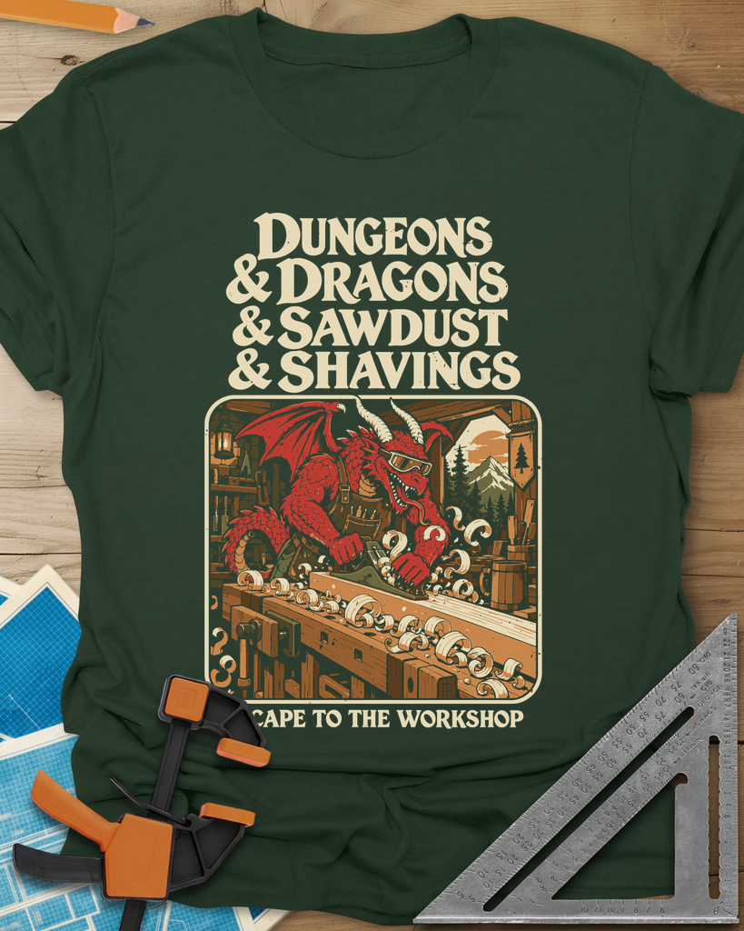 Escape To The Workshop t-shirt in Forest Green, a red dragon in goggles planing a board at a workbench