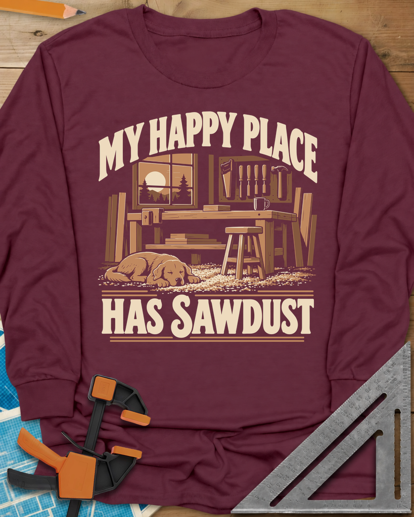 My Happy Place Has Sawdust Long Sleeve Tee — maroon