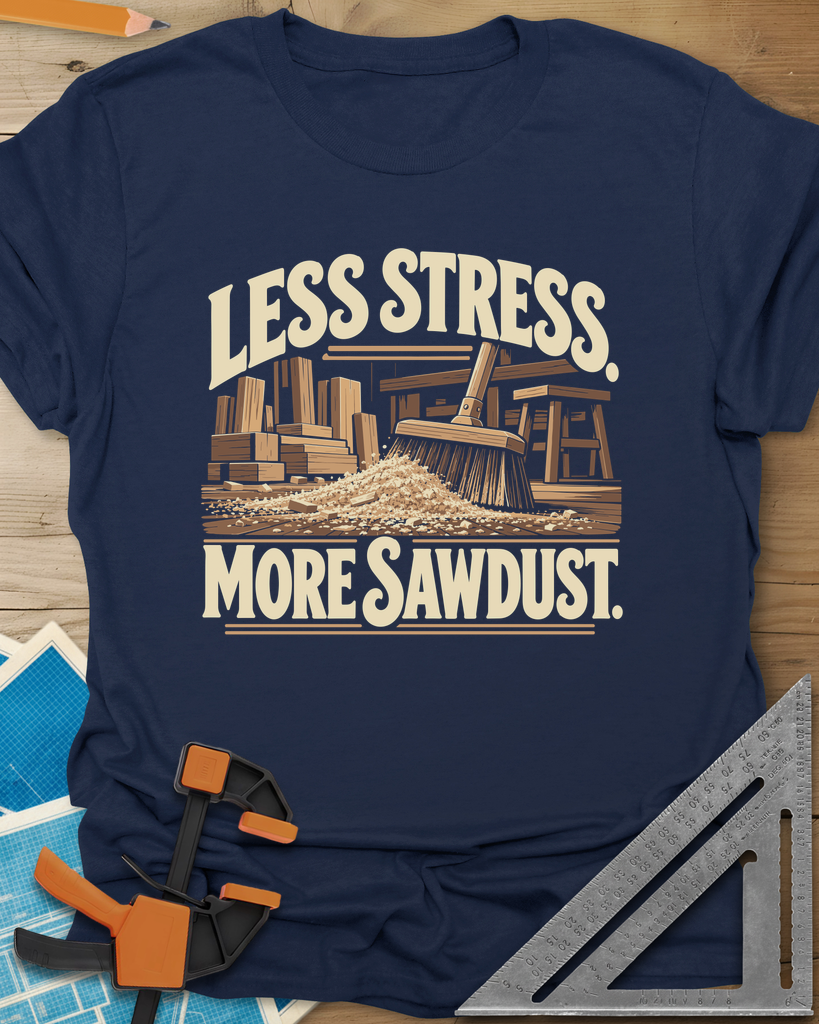 Less Stress t-shirt in Navy, a push broom sweeping sawdust past stacked lumber