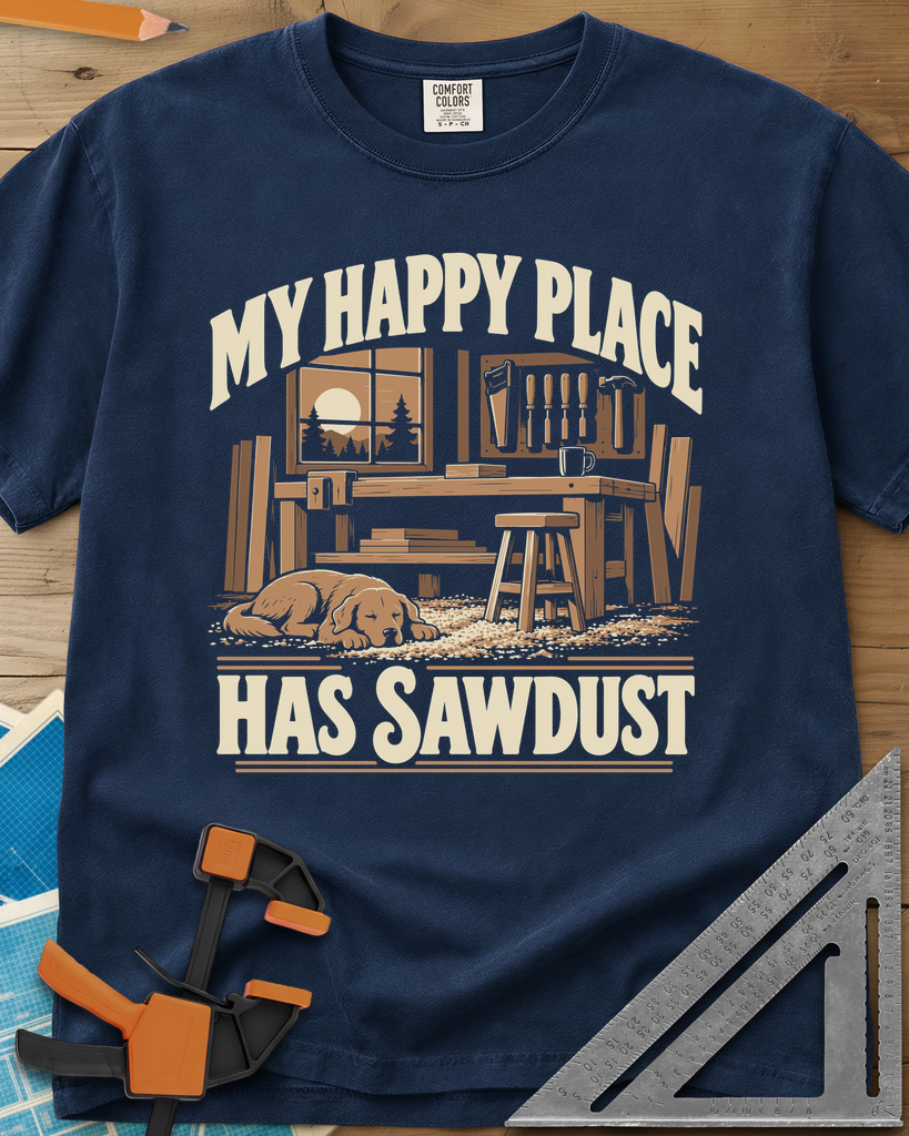 My Happy Place Has Sawdust - Premium Heavyweight Tee — navy