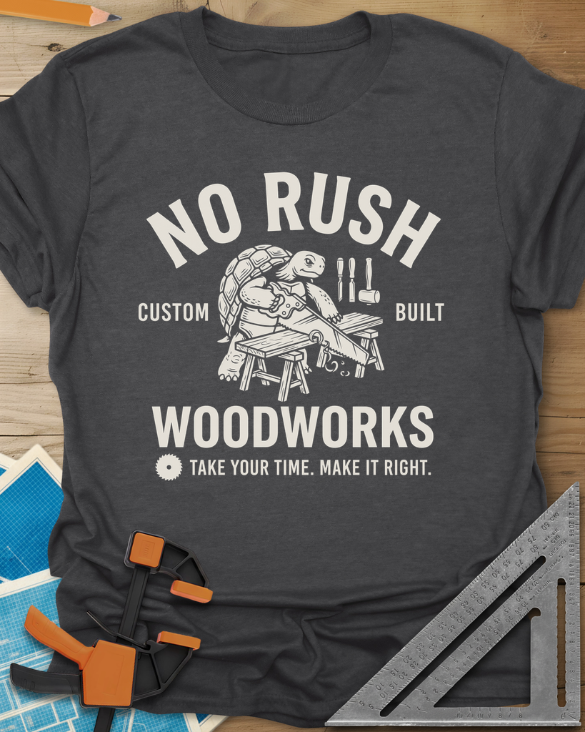 No Rush Woodworks Tee — dark_heather_grey