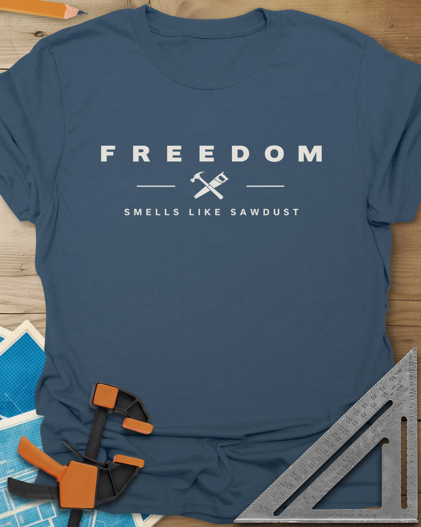 Sawdust Freedom t-shirt in Indigo Blue, crossed hammer and saw icon between two lines, wide-spaced lettering