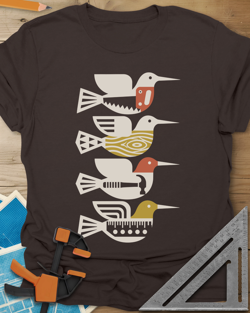 Woodworking Birds t-shirt in Dark Chocolate, four stacked birds built from a saw, wood grain, hammer and ruler