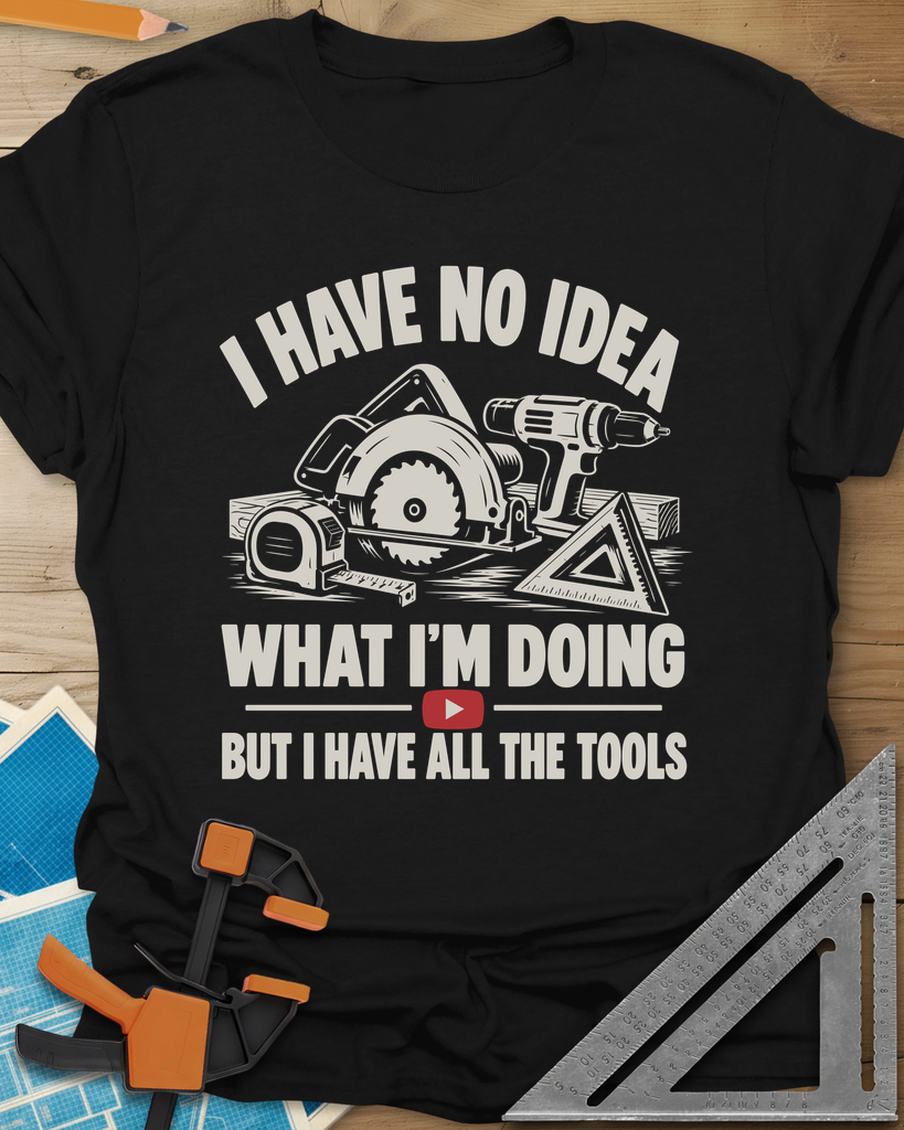 All The Tools t-shirt in Black, circular saw, drill, tape measure and square above a play button