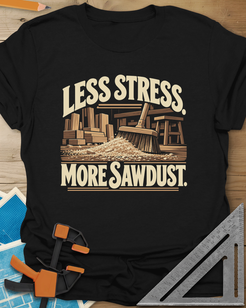 Less Stress t-shirt in Black, a push broom sweeping sawdust past stacked lumber