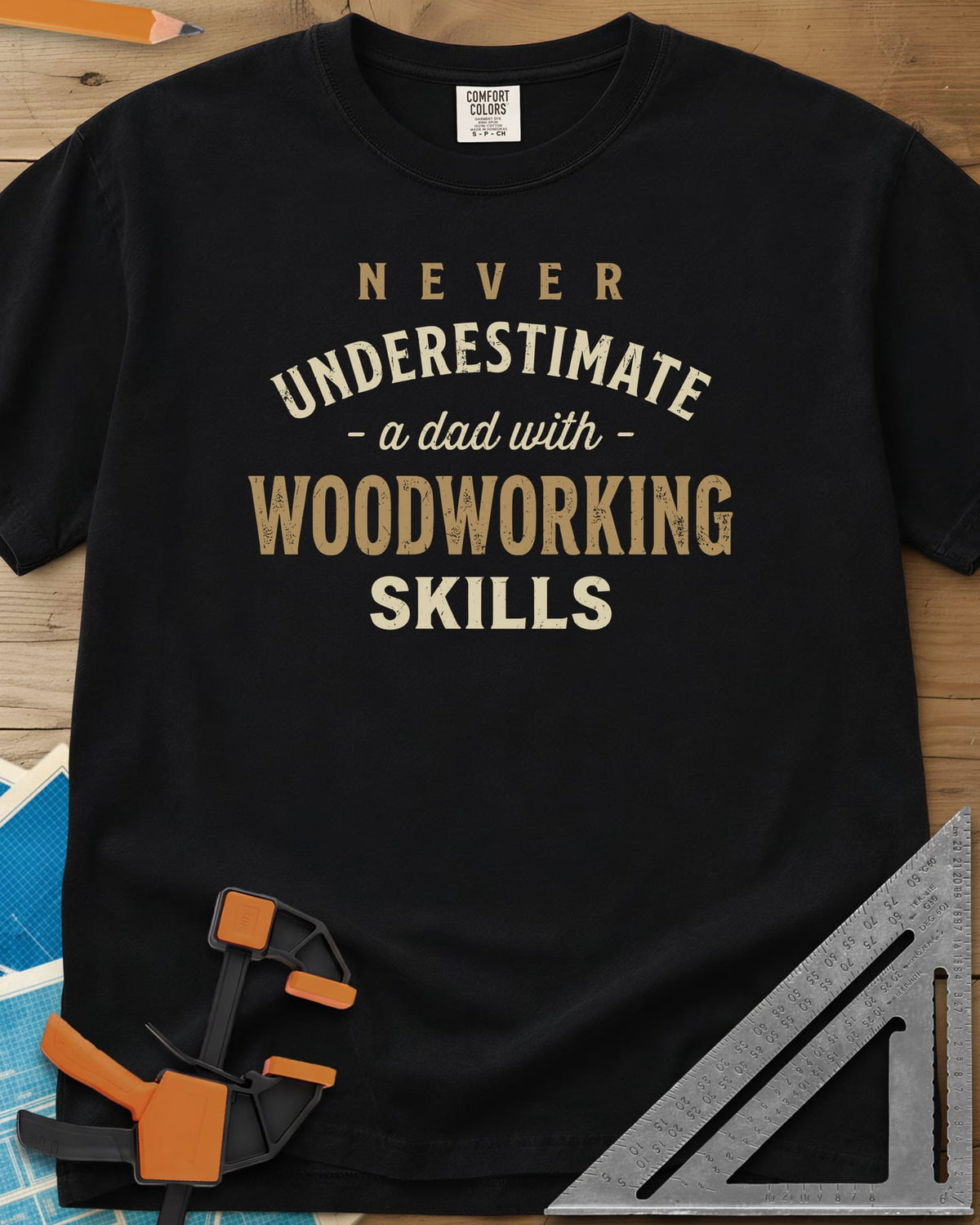A Dad With Woodworking Skills heavyweight tee in Black, arched worn lettering with WOODWORKING in the biggest letters