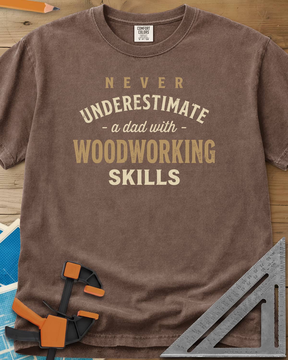 A Dad With Woodworking Skills heavyweight tee in Espresso, arched worn lettering with WOODWORKING in the biggest letters