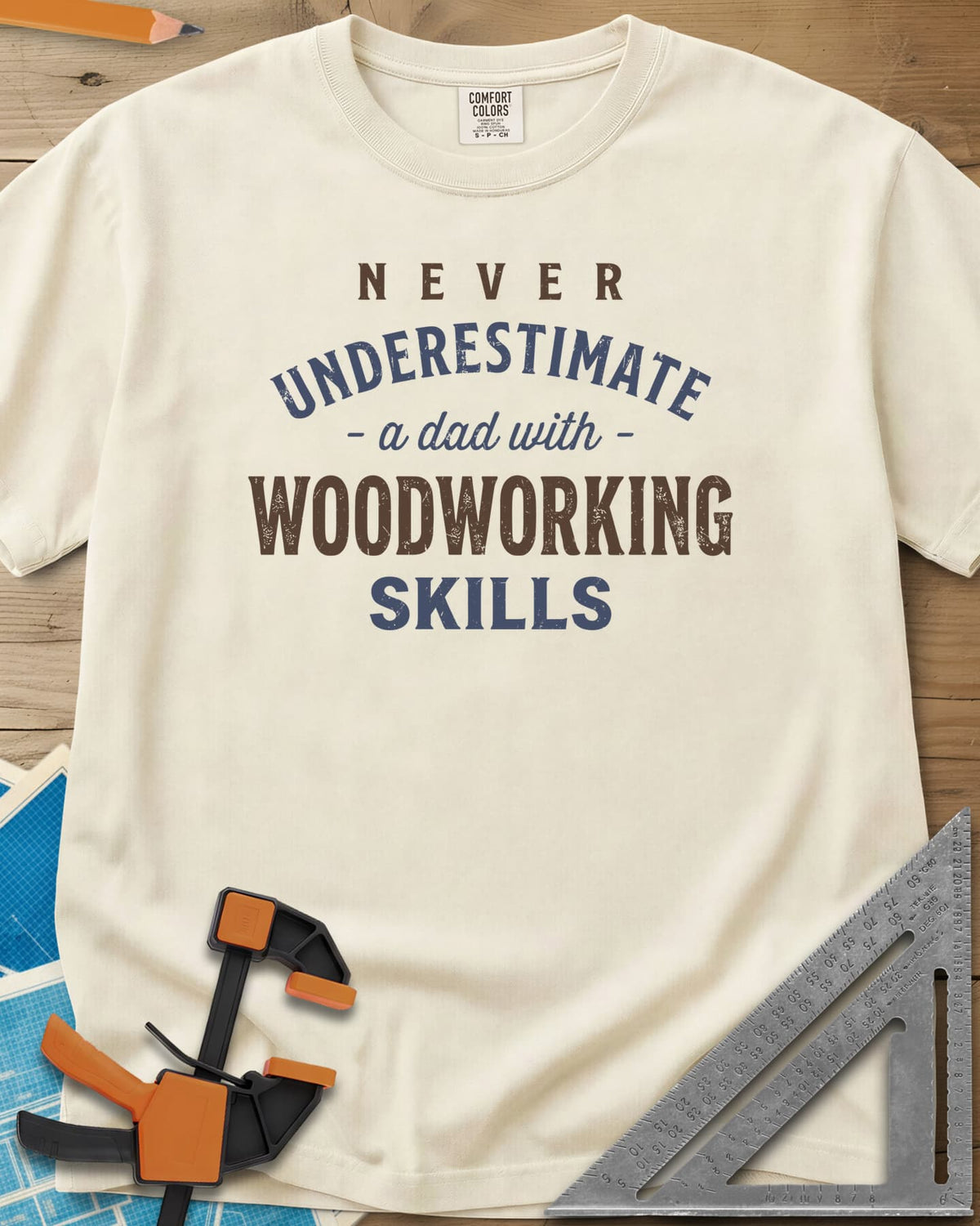 A Dad With Woodworking Skills heavyweight tee in Ivory, arched worn lettering with WOODWORKING in the biggest letters