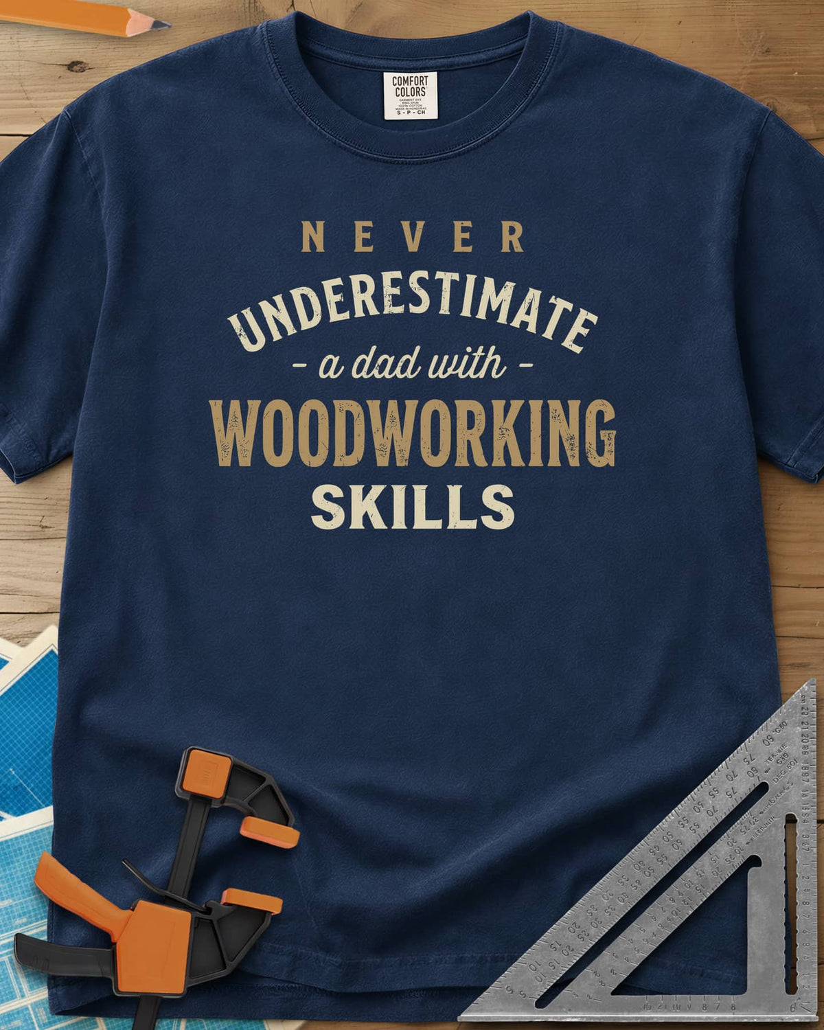 A Dad With Woodworking Skills heavyweight tee in Navy, arched worn lettering with WOODWORKING in the biggest letters